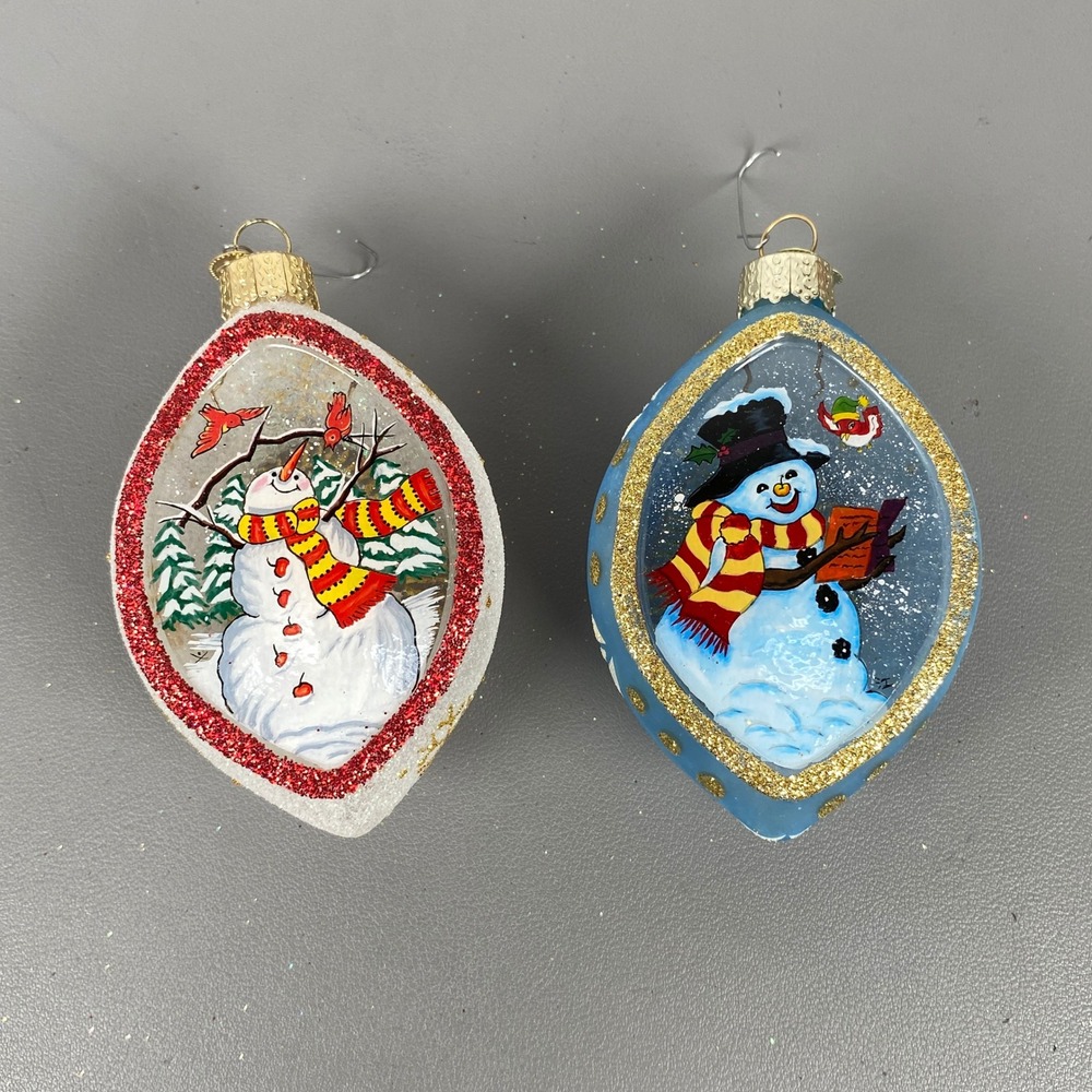 2 Old World Christmas Inside Art Glass Snowman Holiday Ornaments Blue & White